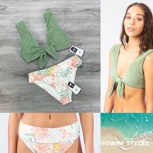 ☀️RIP CURL☀️ SOLID TIE FRONT TOP FLORAL BOTTOMS BIKINI SET